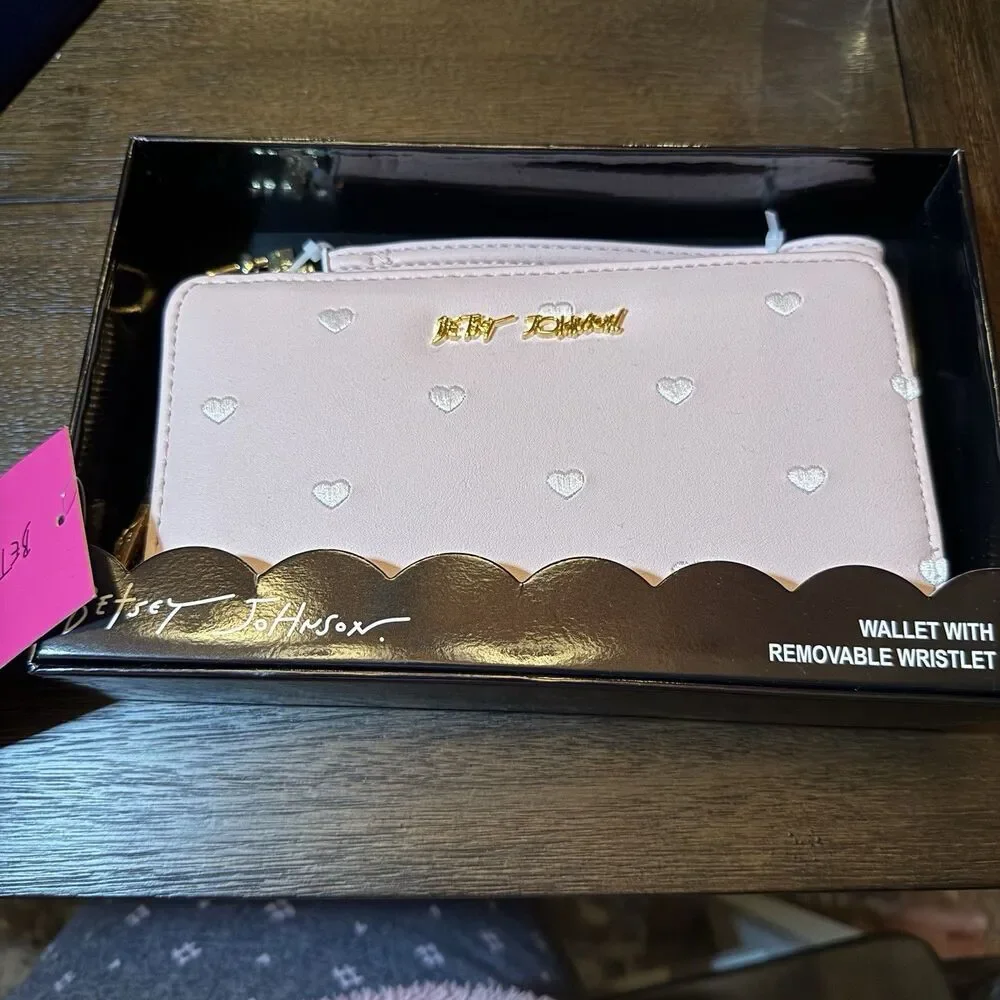 Betsey Johnson Pink Blush Zip Around Wallet Wristlet Embroidered Hearts NWT
